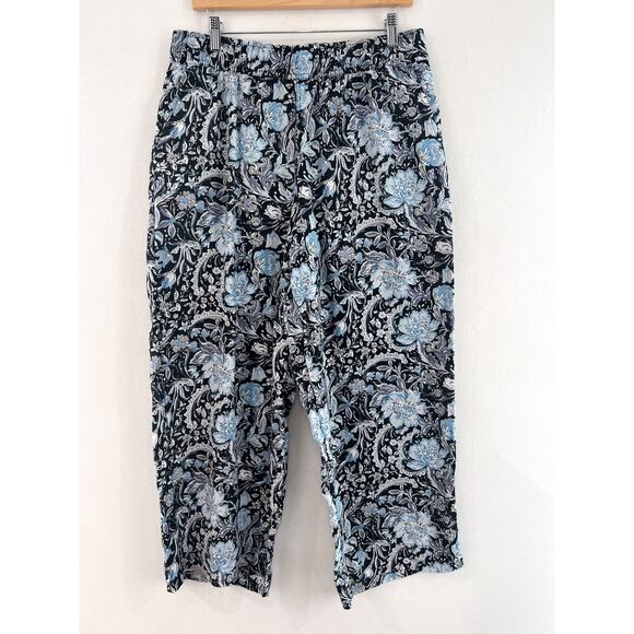 Tahari Linen Wide Leg Pants Large Blue Black Paisley Print Pull On Ankle Crop - Picture 1 of 5